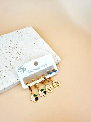 3 Boucles d’oreilles Acier inoxydable trèfle et arbre de vie