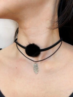 Collier Ras cou ponpon et hibou