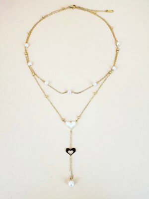 Collier double chaîne perles et pendentif en acier inoxydable