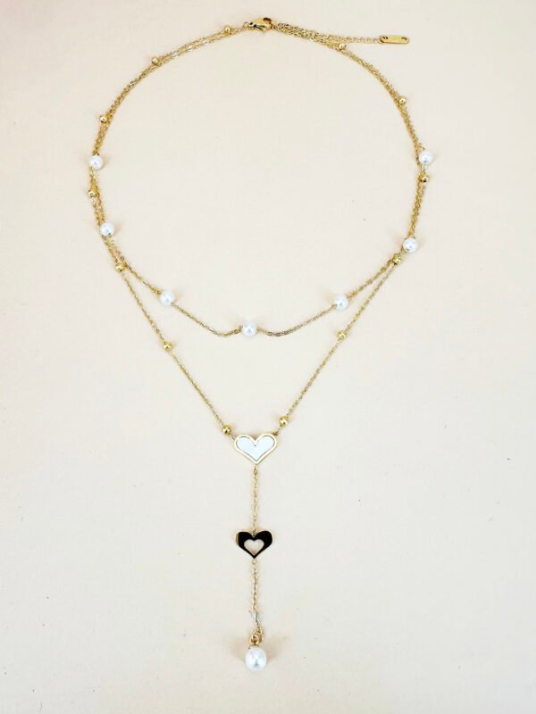 Collier double chaîne perles et pendentif en acier inoxydable