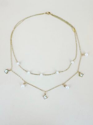 Collier double chaîne perles et pendentif en acier inoxydable