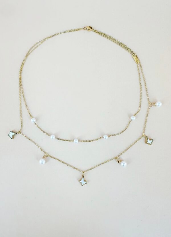 Collier double chaîne perles et pendentif en acier inoxydable