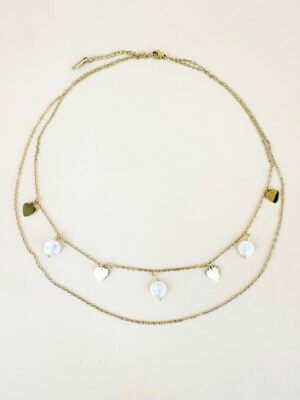 Collier double chaîne perles et pendentif en acier inoxydable