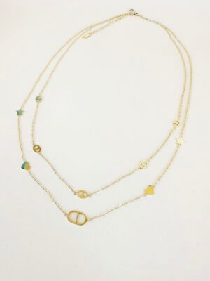 Collier double chaîne perles et pendentif en acier inoxydable
