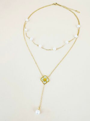 Collier double chaîne perles et pendentif en acier inoxydable