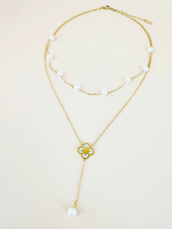 Collier double chaîne perles et pendentif en acier inoxydable