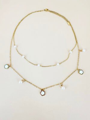 Collier double chaîne perles et pendentif en acier inoxydable