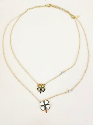 Collier double chaîne et pendentif trèfle en acier inoxydable