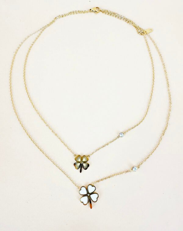 Collier double chaîne et pendentif trèfle en acier inoxydable