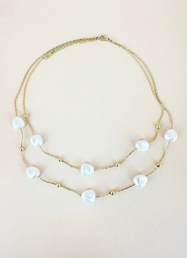 Collier double chaîne et perles en acier inoxydable