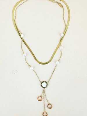 Collier double chaîne perles et pendentif en acier inoxydable