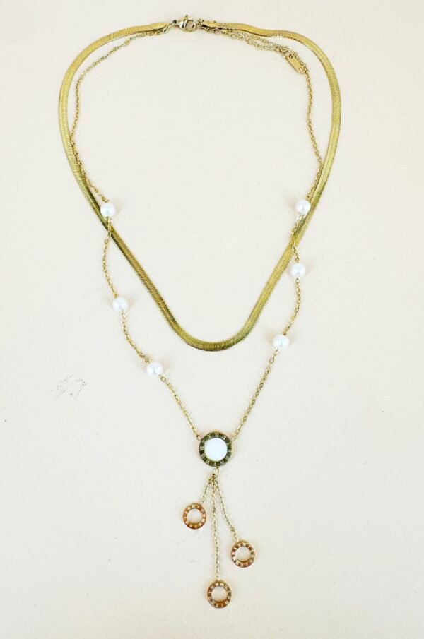 Collier double chaîne perles et pendentif en acier inoxydable