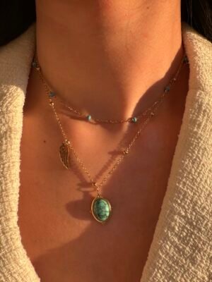 Collier double chaîne et pierre style turquoise en acier inoxydable