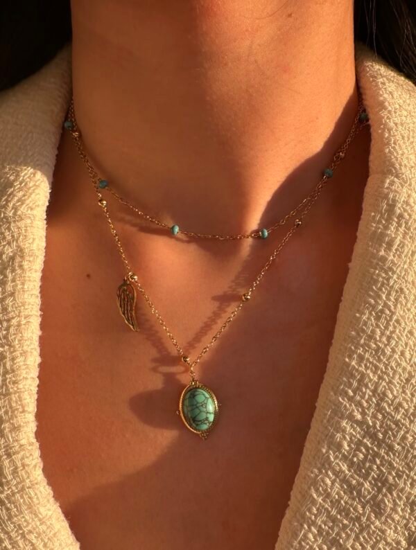 Collier double chaîne et pierre style turquoise en acier inoxydable