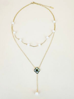 Collier double chaîne perles et pendentif en acier inoxydable