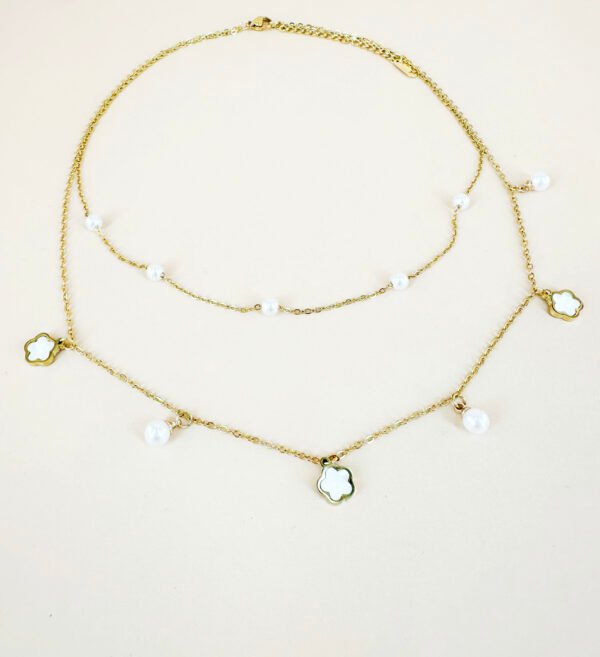 Collier double chaîne perles et pendentif en acier inoxydable – Image 3