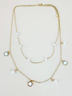 Collier double chaîne perles et pendentif en acier inoxydable