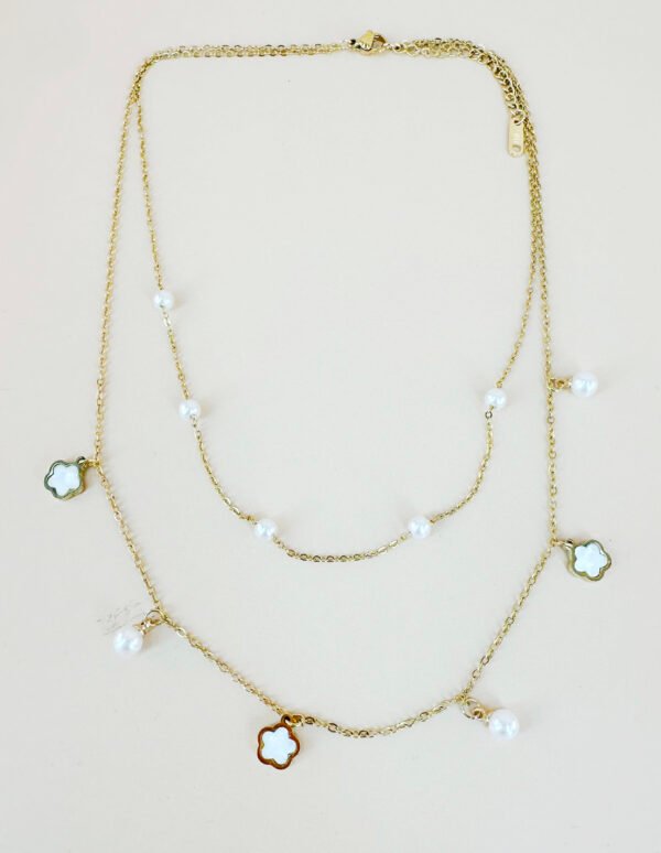 Collier double chaîne perles et pendentif en acier inoxydable – Image 2