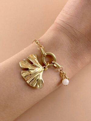 Bracelet charms ginkgo et perle en acier inoxydable