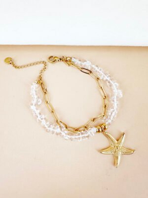 Bracelet étoile de mer, perles et chaîne en acier inoxydable