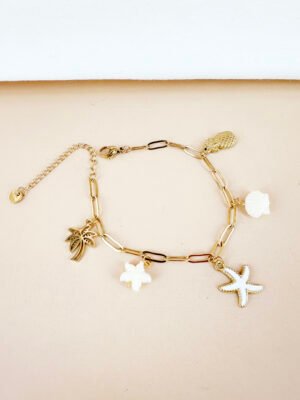 Bracelet charms etoile de mer et coquillage en acier inoxydable