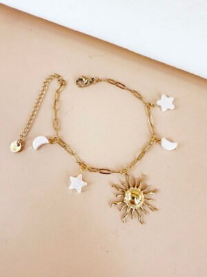 Bracelet charms soleil, étoile et lune en acier inoxydable