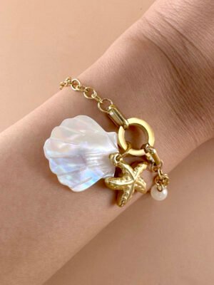 Bracelet charms coquillage nacre et étoile en acier inoxydable