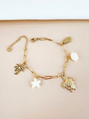Bracelet charms tortue, coquillage et étoile en acier inoxydable