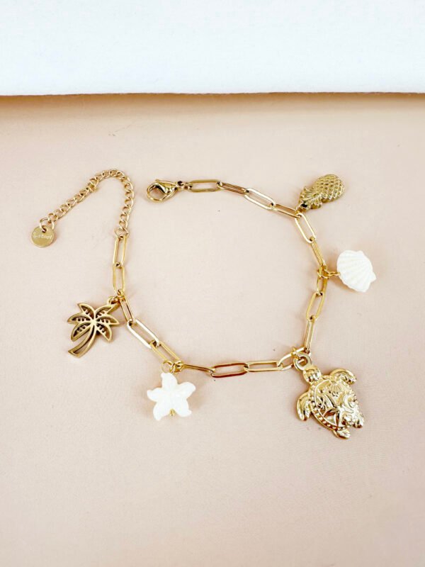 Bracelet charms tortue, coquillage et étoile en acier inoxydable