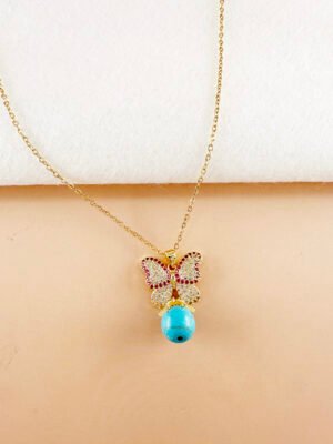 Collier papillon et pierre turquoise en acier inoxydable
