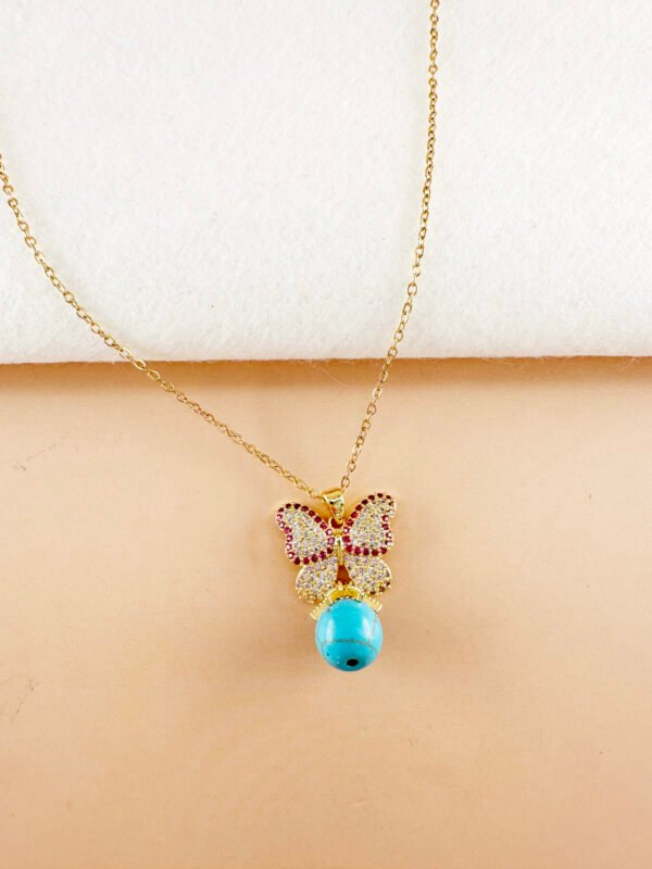 Collier papillon et pierre turquoise en acier inoxydable