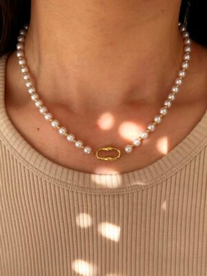 Collier perles avec motif style maillon en acier inoxydable