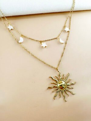 Double collier perle soleil, lune étoile en acier inoxydable