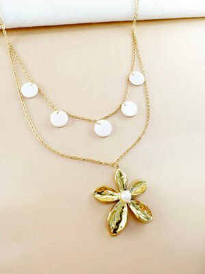 Double collier perle et fleur en acier inoxydable