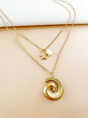 Double collier charms étoile, tortue et coquillage en acier inoxydable