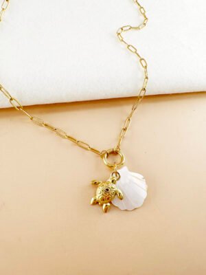 Collier charms coquillage et tortue en acier inoxydable