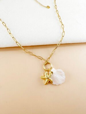 Collier charms coquillage et étoile de mer en acier inoxydable