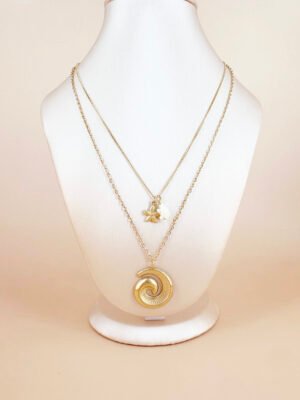 Double collier charms étoile, tortue et coquillage en acier inoxydable