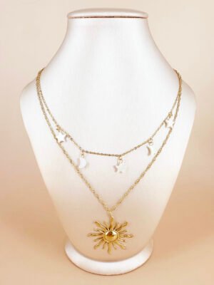 Double collier perle soleil, lune étoile en acier inoxydable
