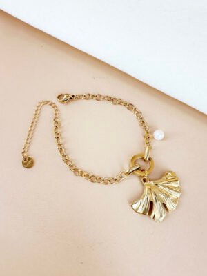 Bracelet charms ginkgo et perle en acier inoxydable