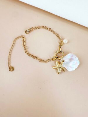 Bracelet charms coquillage nacre et étoile en acier inoxydable