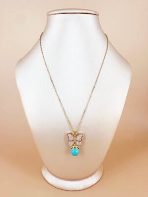 Collier papillon et pierre turquoise en acier inoxydable
