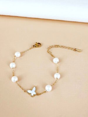 Bracelet papillon avec perles en acier inoxydable
