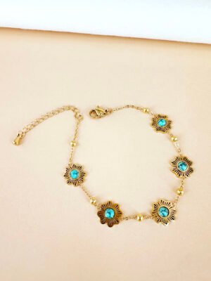 Bracelet avec fleurs avec perle style turquoise en acier inoxydable