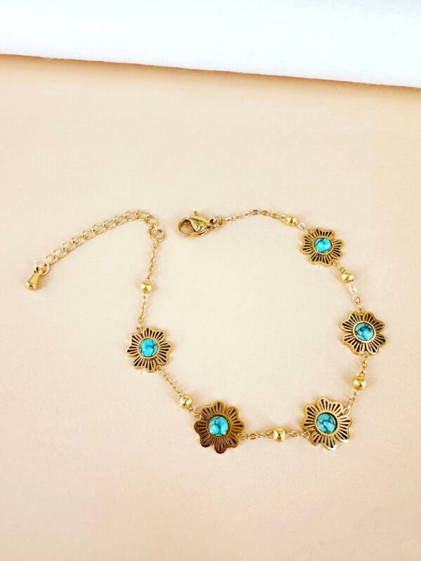 Bracelet avec fleurs avec perle style turquoise en acier inoxydable