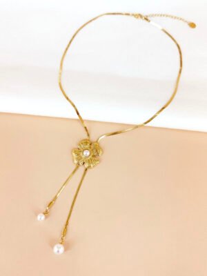 Collier fleurs en Y avec perles en acier inoxydable