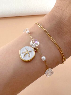 Bracelet médaillon palmier et perles coeur en acier inoxydable