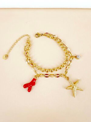 Bracelet breloque étoile de mer et corail rouge en acier inoxydable