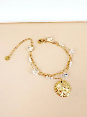 Bracelet médaillon « Mer » avec perles étoiles en acier inoxydable