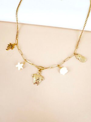 Collier charm breloque tortue et coquillages en acier inoxydable